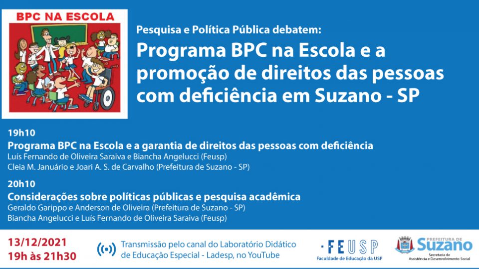 Pesquisa e Política Pública Debatem: Programa BPC na Escola e a promoção de direitos das pessoas com deficiência em Suzano – SP