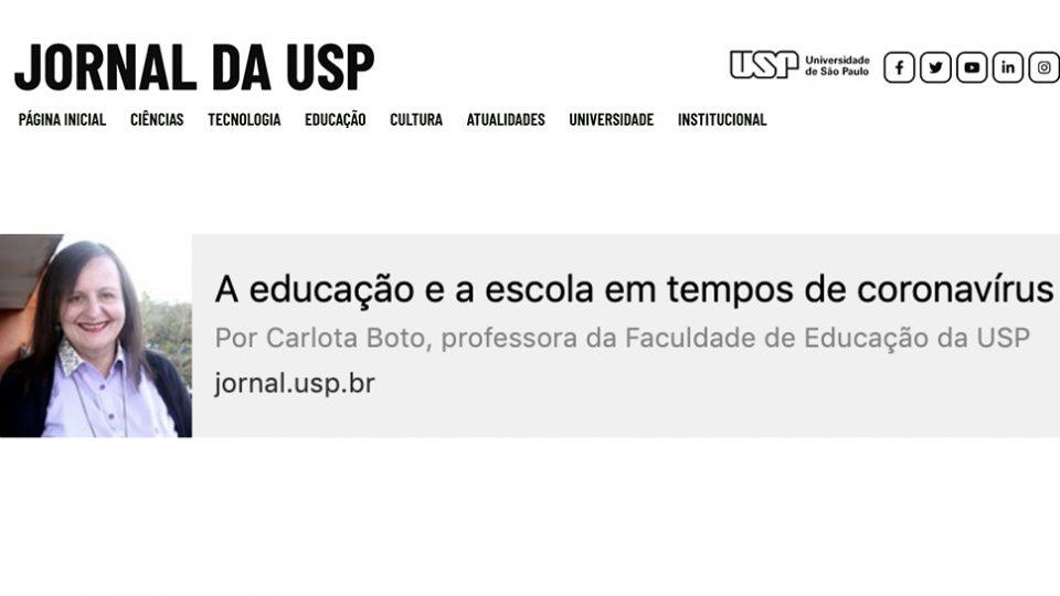 Carlota Boto fala ao Jornal da USP sobre a educação e a escola em tempos de coronavírus
